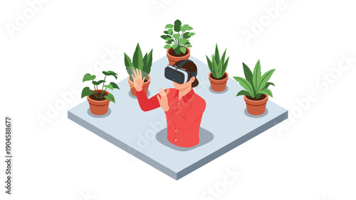 Isometric virtual reality experience with potted plants and headset interaction
