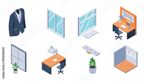 Isometric office interiors with desk, chair, window, and suit elements