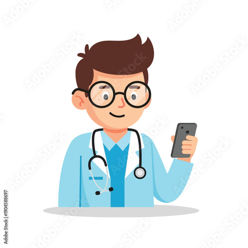 A cartoon doctor with glasses holds a smartphone while wearing a stethoscope.