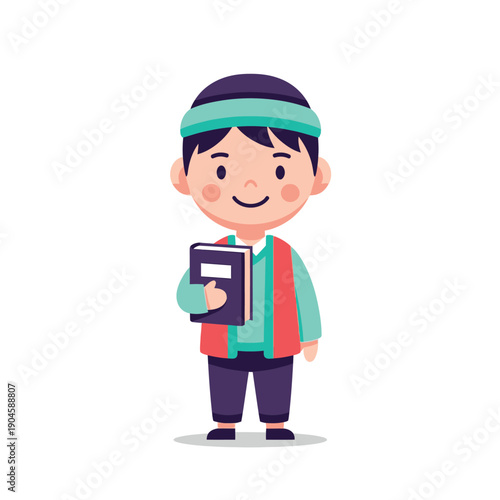 A cartoon illustration of a smiling boy holding a book in a colorful outfit standing alone.