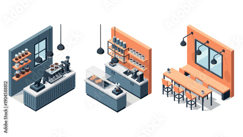 Isometric coffee shop interior with modern decor and equipment