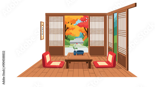 Tranquil japanese tea room with autumn garden view