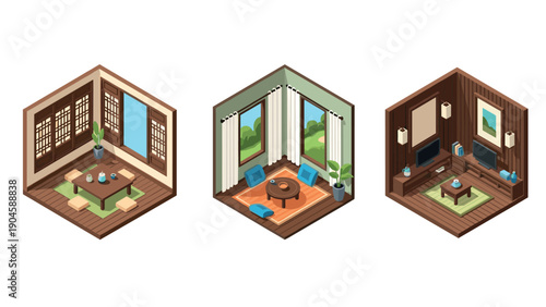 Isometric cozy room designs with tea sets and modern decor