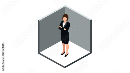 Confident businesswoman standing in isometric room with arms crossed
