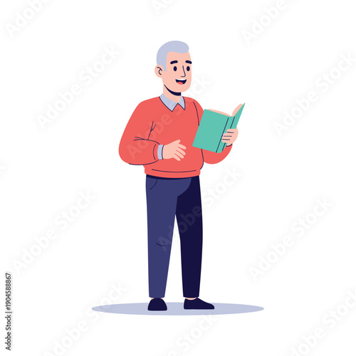 An older man is happily reading a book while standing.