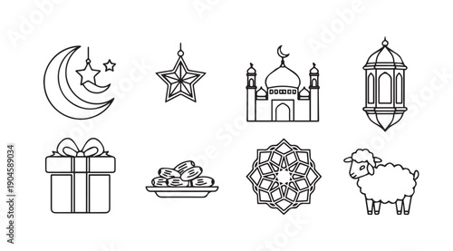 Islamic Icons Collection: Crescent Moon, Star, Mosque, Lantern, Gift, Dates, Geometric Pattern, Sheep