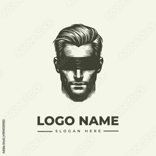 A monochromatic illustration of a man's face with a blindfold, logo name and slogan on a plain background, in a vintage engraving style.