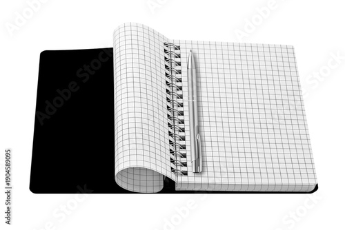 Black notice book spiral binding and pen isolated on white background