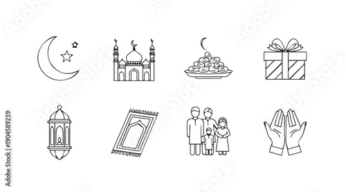 Islamic Icons Collection: Moon, Mosque, Dates, Gift, Lantern, Prayer Mat, Family, Hands - Stock Line Art