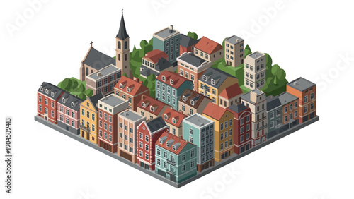 Isometric urban village with colorful buildings and church