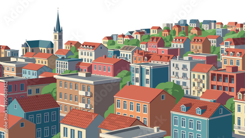 Colorful suburban landscape with charming european architecture and lush greenery