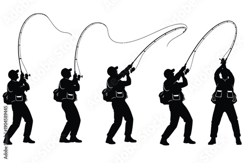 Silhouette of a firefighter in various stages of operating a hose
