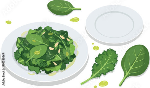 Healthy Green Salad with Fresh Kale and Spinach Leaves, Served on a White Plate with Oil Drizzle