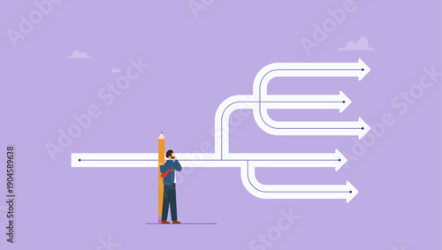 Businessman with pencil looking at possible ways. Planning backup or options concept, Various solutions and options as successful preparation for future risks.