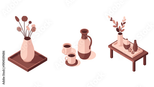 Cozy isometric still life with vases and coffee set on wooden table