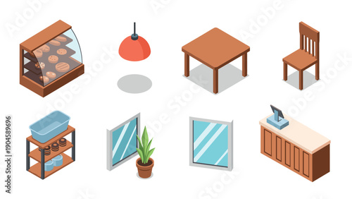 Isometric cafe interior elements: furniture, decor, and fixtures