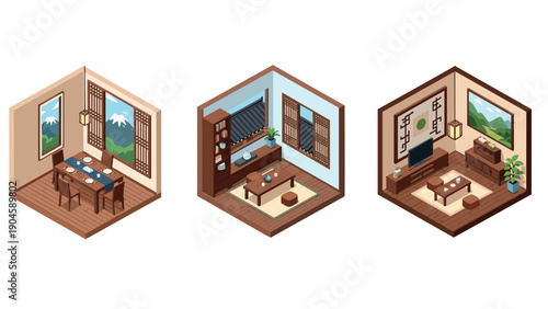 Isometric interior designs featuring minimalist japanese-inspired rooms