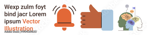 Communication, mental processes, alert systems, notifications, online interaction, brain activity. Bell icon with notifications, thumbs-up gesture brain illustration. Communication and mental