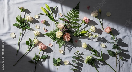 Elegant Flower Arrangement with Roses and Ferns on Light Background