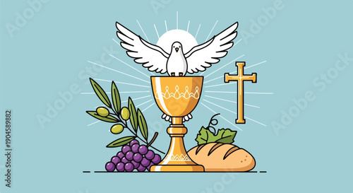 A religious composition includes a dove, chalice, grapes, olive branch, bread, and a cross