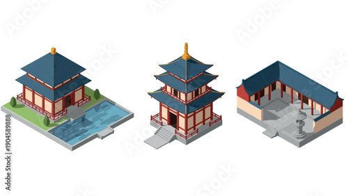 Isometric traditional asian temple buildings with courtyard and water feature