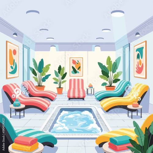 A relaxing spa room featuring lounge chairs, potted plants, and a pool
