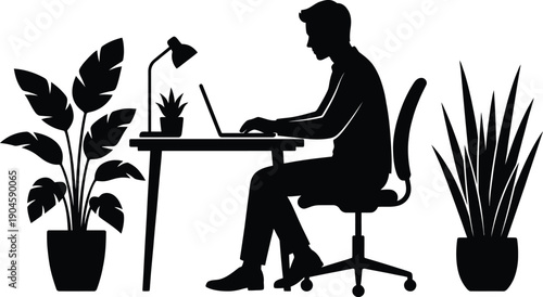 Man Working on Laptop at Desk Silhouette | Home Office with Houseplants Vector Illustration