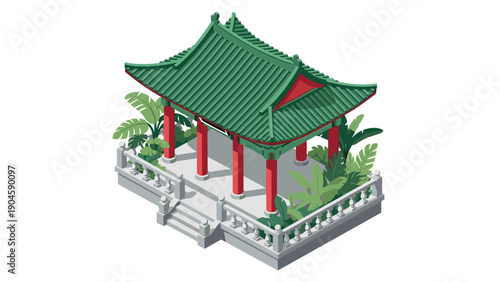 Traditional chinese pavilion with red columns and green roof in isometric style