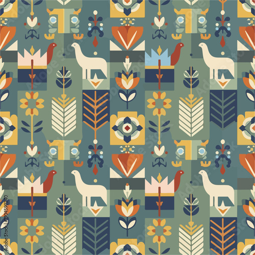 A repeating geometric pattern featuring stylized flora, fauna and shapes