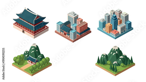 Isometric asian architecture and urban cityscape with nature elements
