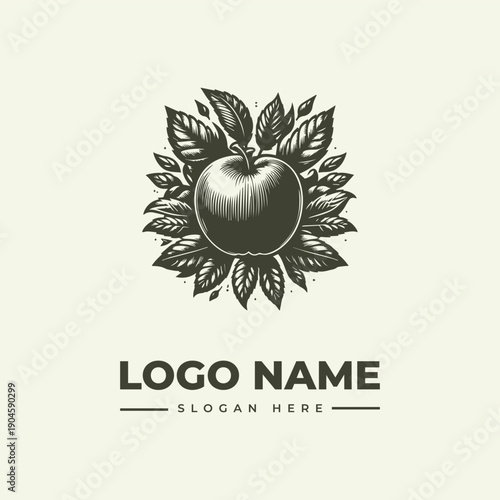 A vintage-style woodcut illustration of an apple surrounded by leaves with a logo name and slogan on a plain background.