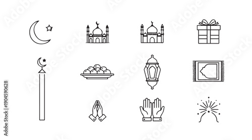 Islamic Icons Collection: Ramadan, Eid Symbols, Mosques, Prayers, Gifts, Lanterns