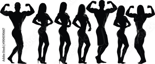 Bodybuilder silhouettes, athletic men and women posing, fitness competition, gym workout training, muscular figures, bodybuilding sport vector illustration