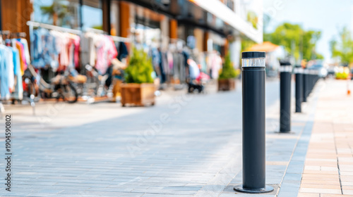 Wallpaper Mural Modern metal bollards lining pedestrian walkway, ensuring safety and managing public space in a shopping street Torontodigital.ca