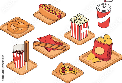 Isometric view of various delicious snacks and drinks arranged on wooden trays, perfect for a casual gathering or movie night