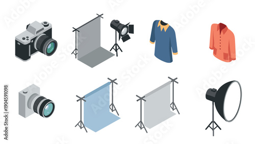 Isometric photography equipment and fashion apparel set for studio setup