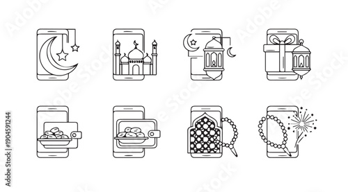Islamic Icons on Smartphones: Moon, Mosque, Lantern, Gift, Wallet, Beads, Fireworks