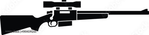 Black silhouette of a bolt action sniper rifle with scope isolated on white background for hunting and precision shooting design.