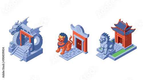 Isometric asian temple guardians and pagodas: mythical dragon and lion statues