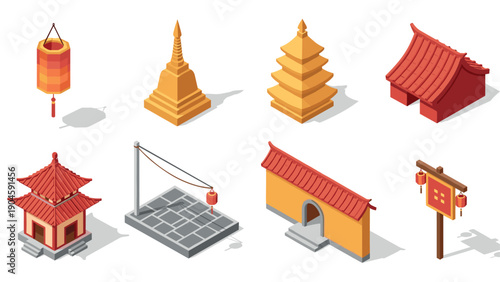 Isometric asian architecture and lantern set featuring traditional structures