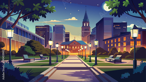 Very beautiful nighttime walkway at New Haven Green with surrounding buildings softly illuminated, reflecting a calm urban atmosphere influenced by nearby academic institutions.