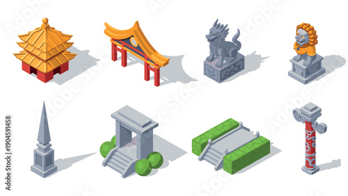 Isometric asian architecture icons: pagodas, shrines, guardians, columns, and statues