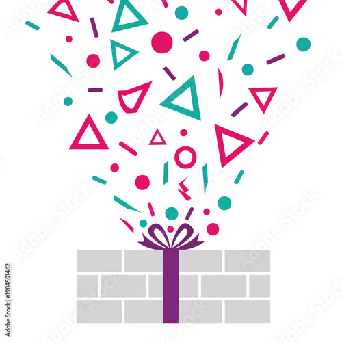 Gift Box Explosion. Confetti Burst. Celebration Surprise. Festive Event. Graphic Element.