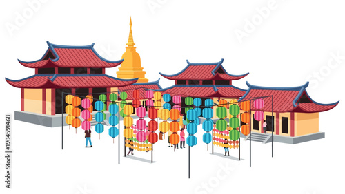 Colorful lantern festival in traditional asian temple courtyard with decorative architecture
