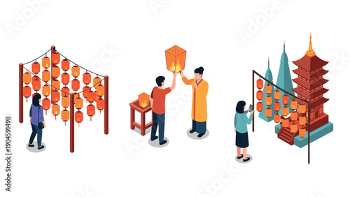 Colorful festival lanterns and traditional celebration scenes in isometric style
