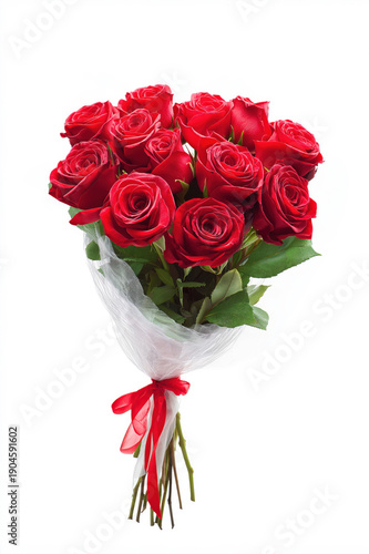 12 red roses ina valentnes day bouquet . isolated on white background 
