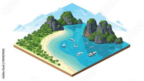 Tropical island with boats and mountains in isometric 3d design