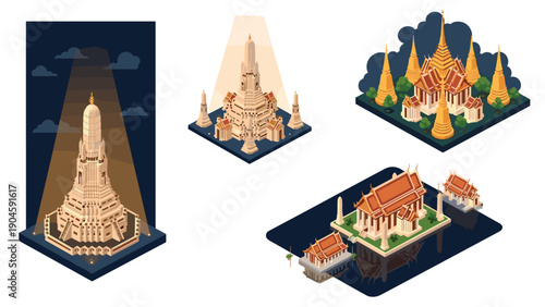 Isometric night and day views of iconic thai temples in architectural art