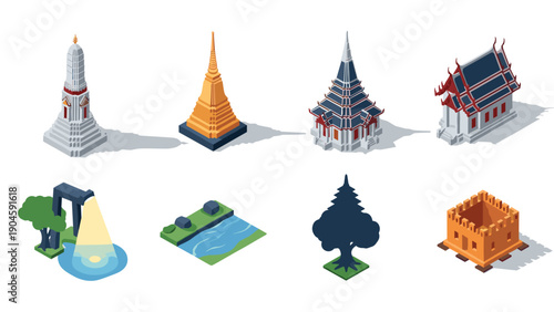 Isometric icon set of traditional asian architecture and landscapes