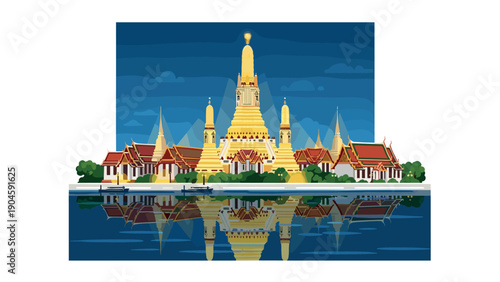 Colorful and reflective landmark with night sky and water reflections